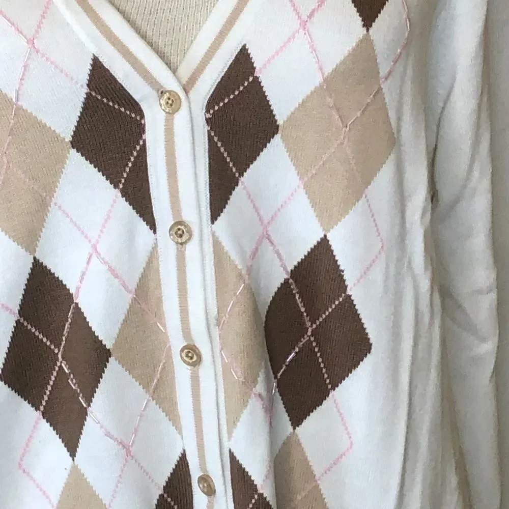 Izod Cream and Brown Argyle Cardigan Sweater New - Picture 3 of 4